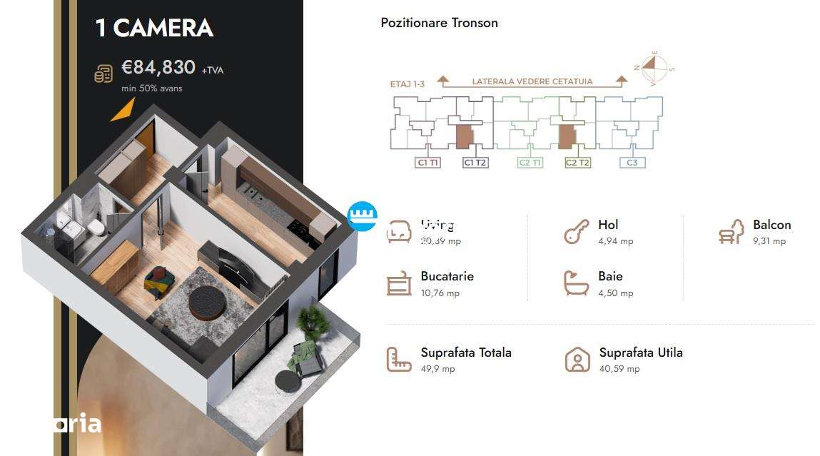 Apartament 1 camera,49,9 mp,bloc nou,zona Nicolina Selgros - Imagine principală: 3/9