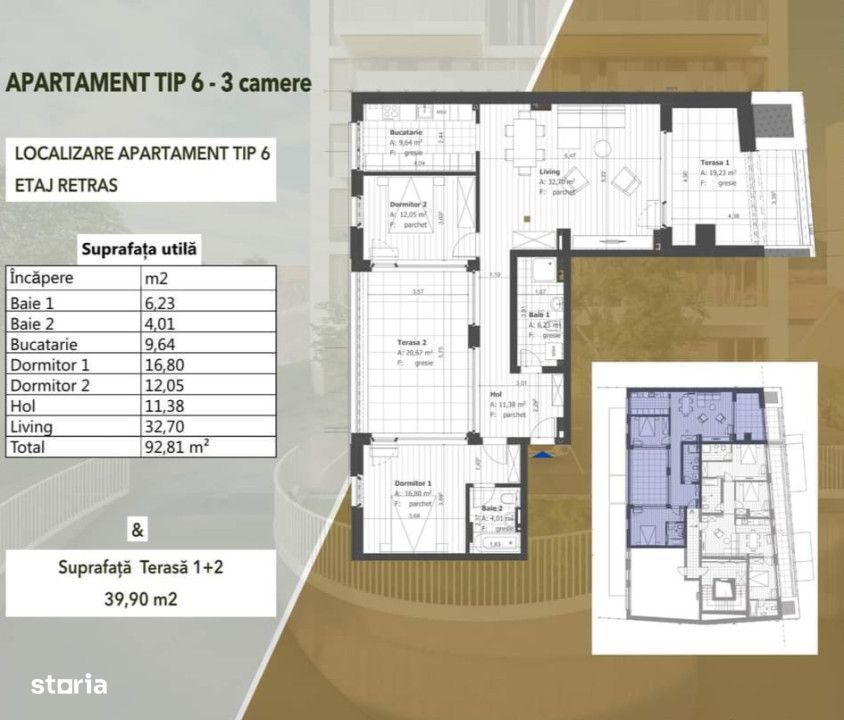 Penthouse de 3 camere, 93mp, terasa de 40mp, et 6, Semicentral
