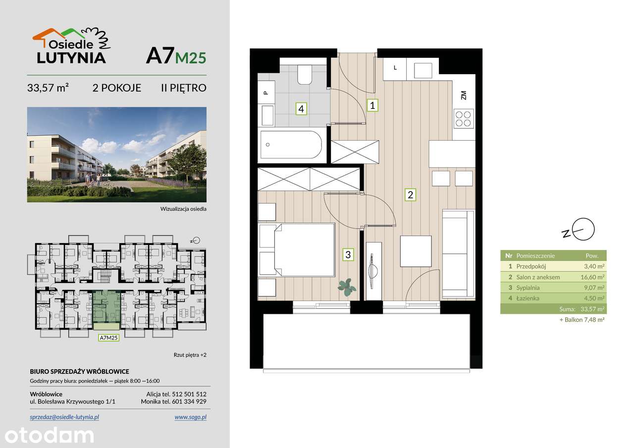 2 pokoje | 33,57 m² | duży balkon 7,48 m2 | Lutynia (lokal A7M25)