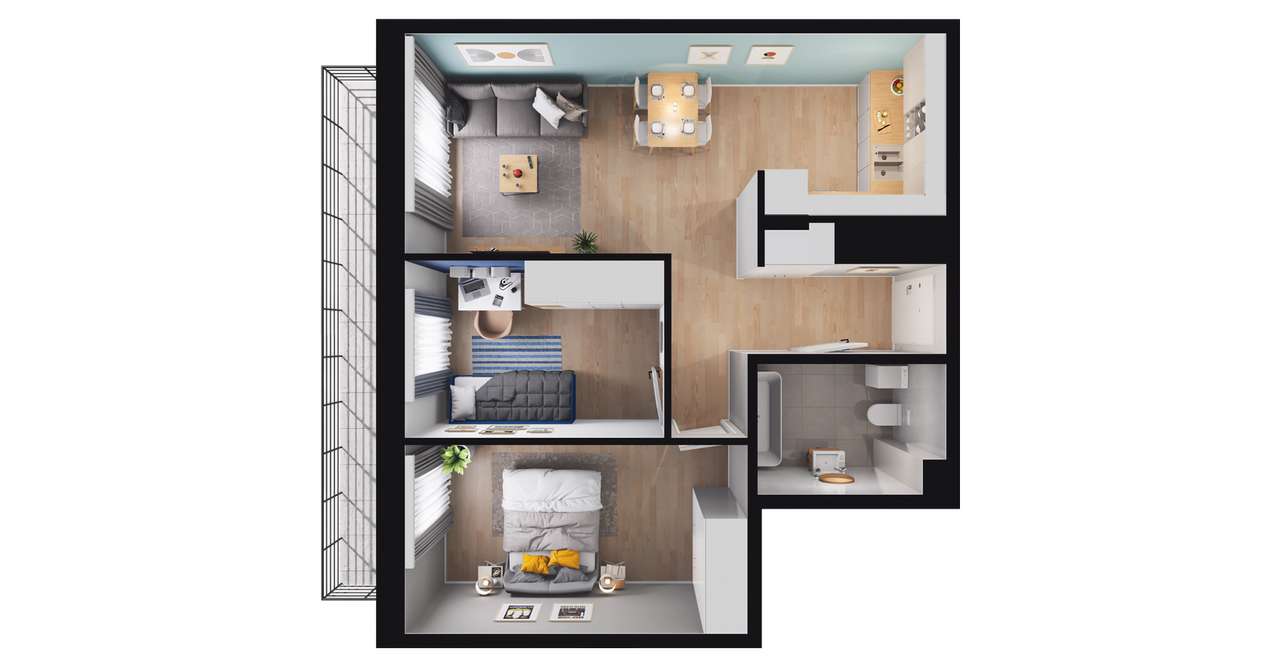 3-pokojowe mieszkanie 55m2 + balkon - Pełny obrazek: 2/7