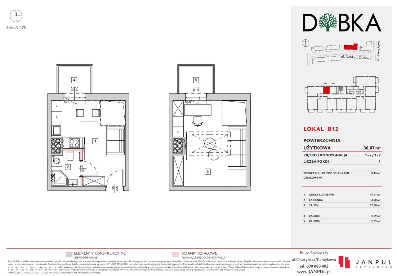DOBKA B12 - ekonomiczne ze Smart Home, 36,07 m2, 1 pokój, z balkonem - Pełny obrazek: 1/8