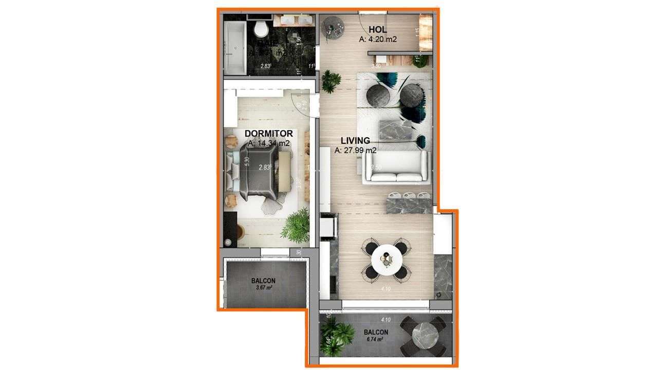 Apartament 2 camere – 52 mp utili + terasă 10 mp – mobilat modern-6