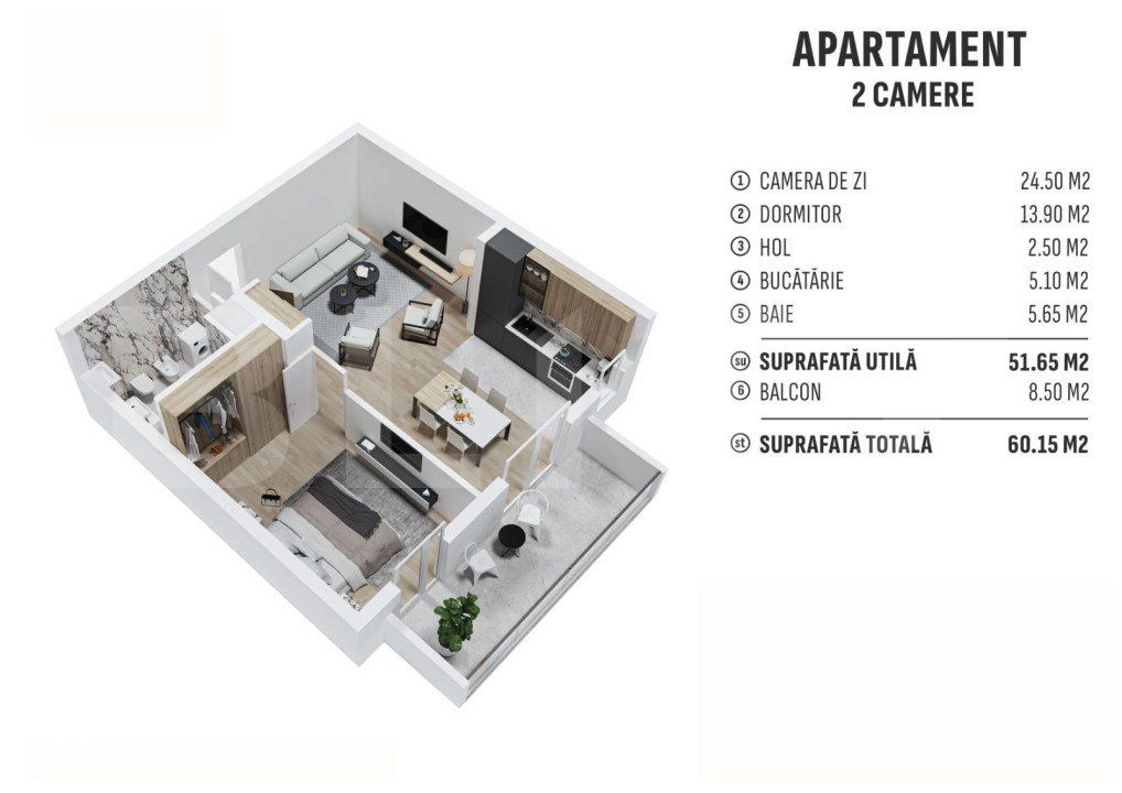 Apartament de 2 camere finisat, 51 mp, cartier rezidential nou!