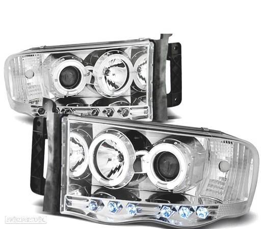 CONJUNTO DE FARÓIS PARA DODGE RAM 02-06 ANGEL EYES + LEDS CROMADOS - 1