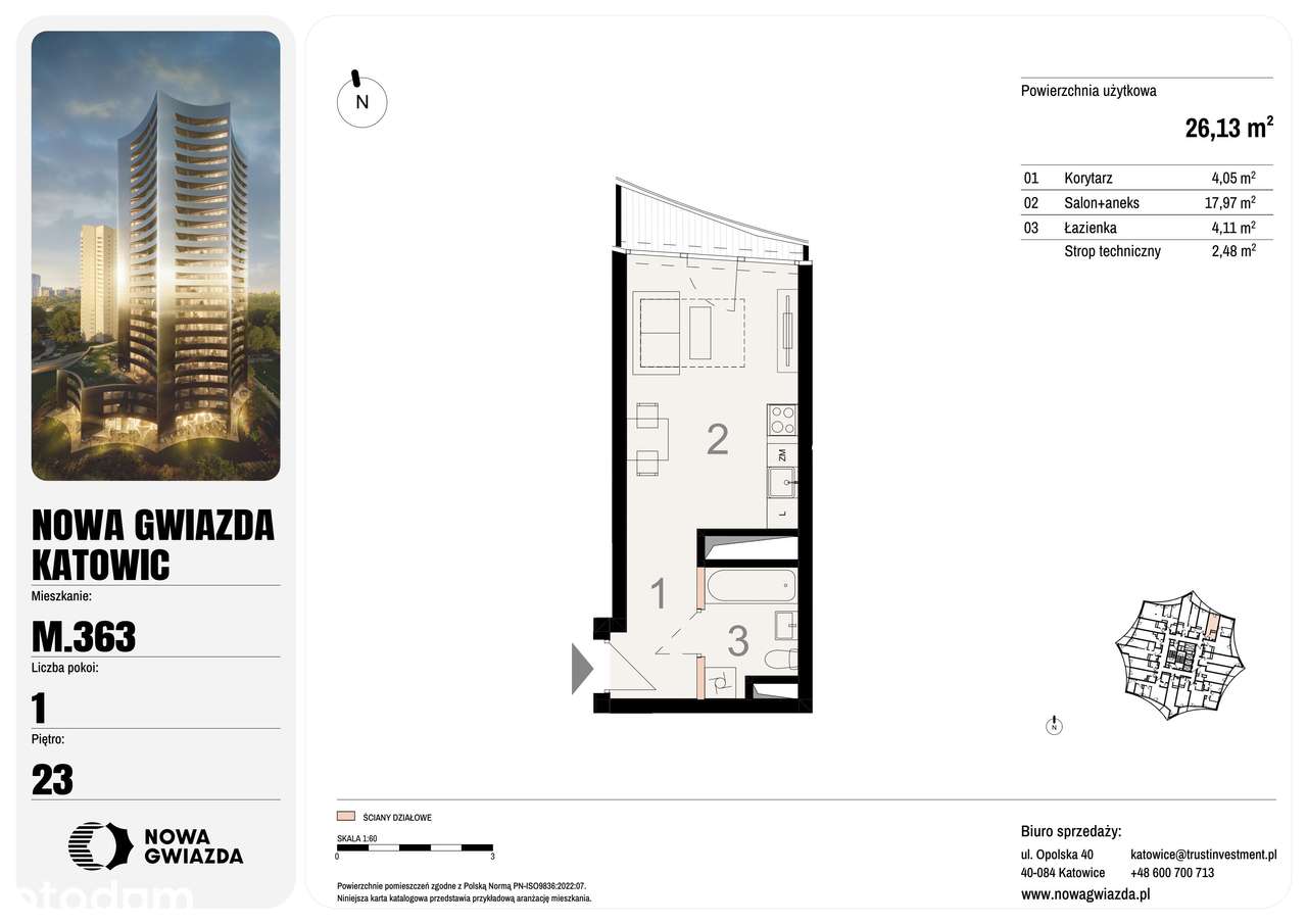1-pokojowe mieszkanie 26m2 + balkon Bezpośrednio - Pełny obrazek: 2/7