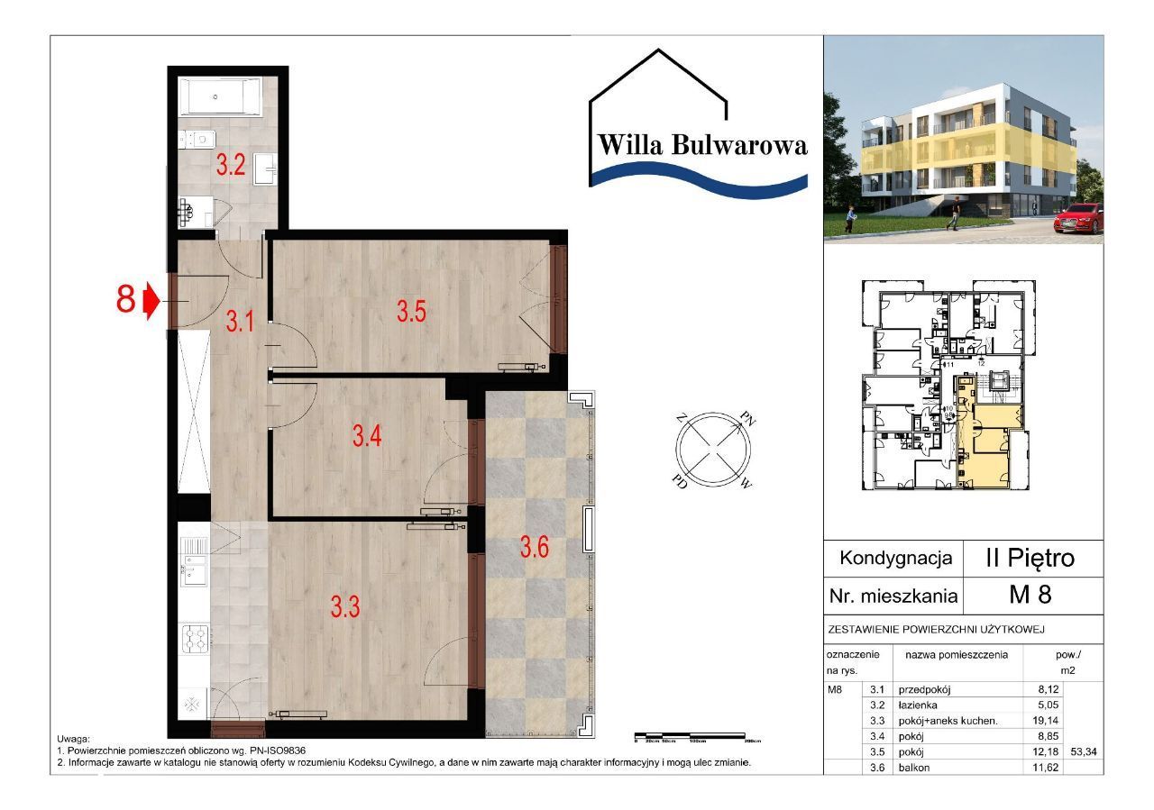 Willa Bulwarowa - 3 pokoje - 53,34 m2