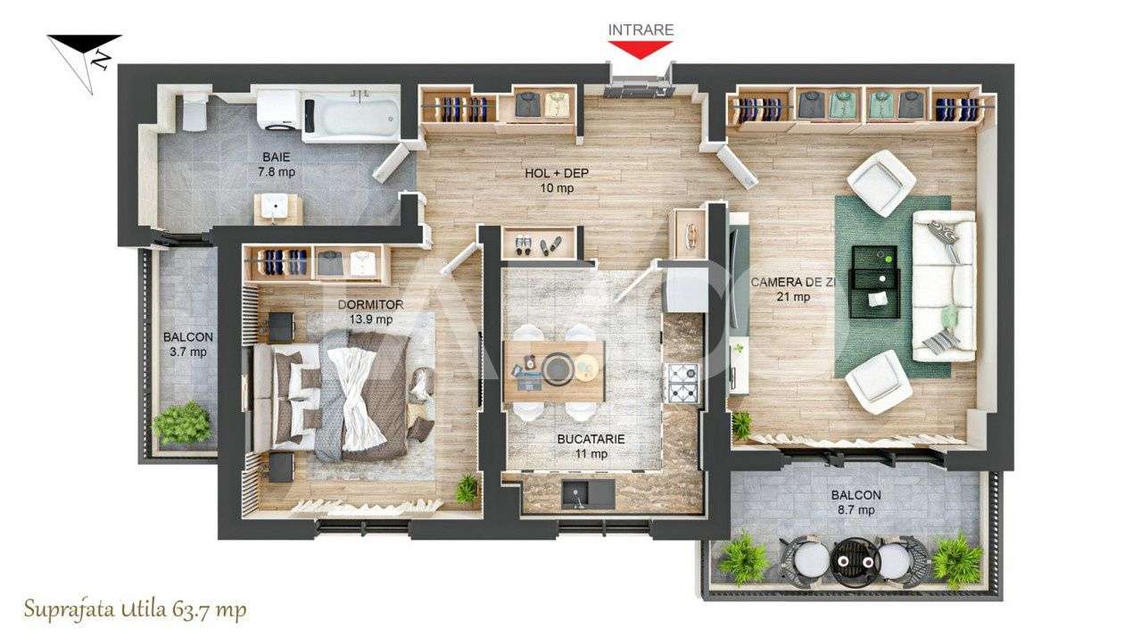 Apartament 2 camere 64 mpu decomandat 2 balcoane 12 mp Rahovei Sibiu - Imagine principală: 5/16