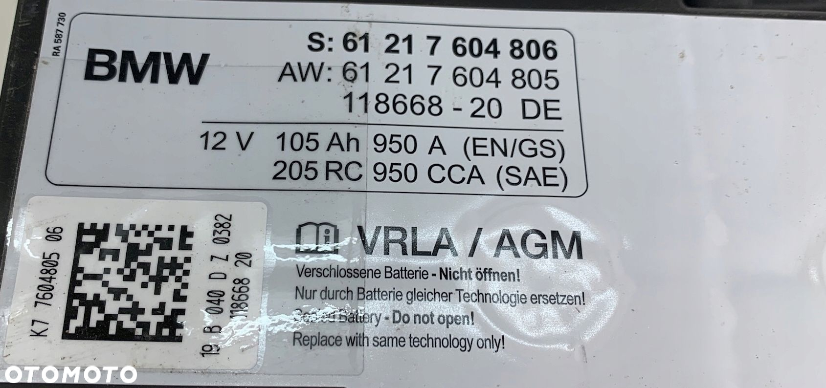 35 AKUMULATOR AGM BMW 105 Ah 950A 12V 7604806 7604805 2019 ROK - 2