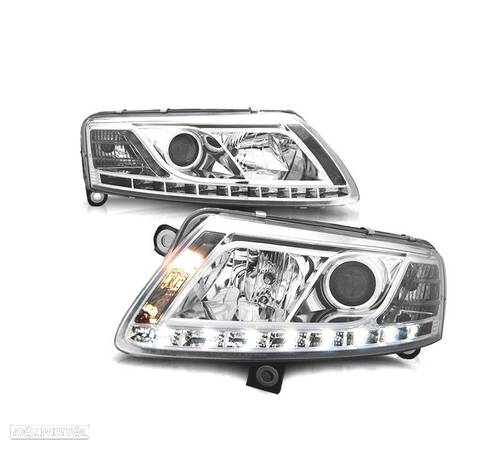 FARÓIS XENON D2S COM LUZ DIURNA LED PARA AUDI A6 4F 04-08 FUNDO CROMADO - 1