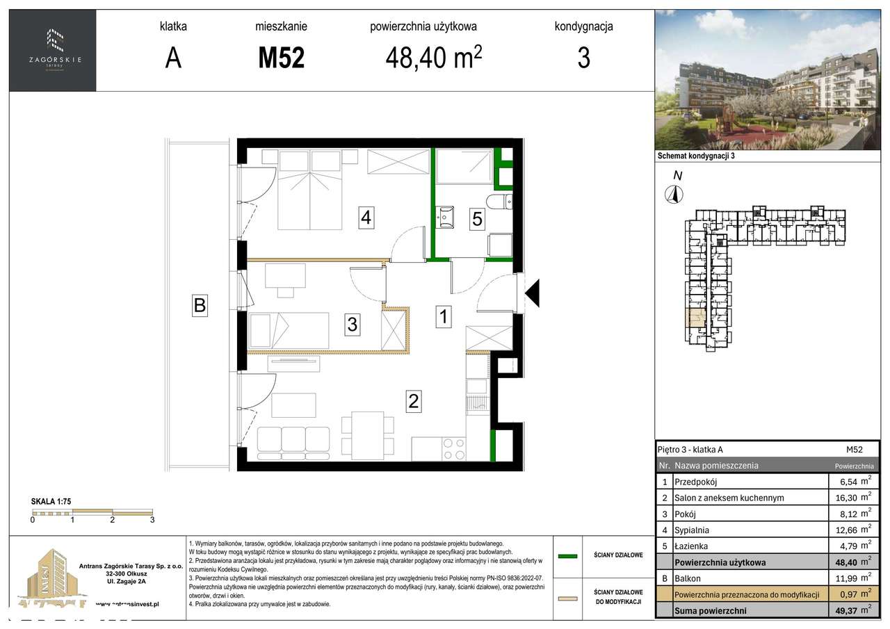 3-pokojowe mieszkanie 48m2 + balkon - Pełny obrazek: 2/8
