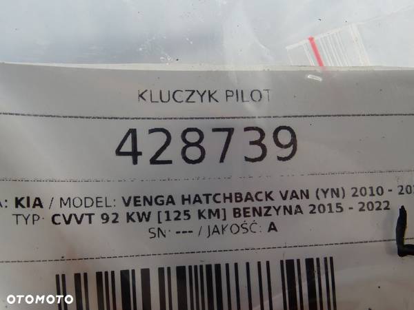 KLUCZYK PILOT KIA VENGA Hatchback Van (YN) 2010 - 2022 CVVT 92 kW [125 KM] benzyna 2015 - 2022 - 5