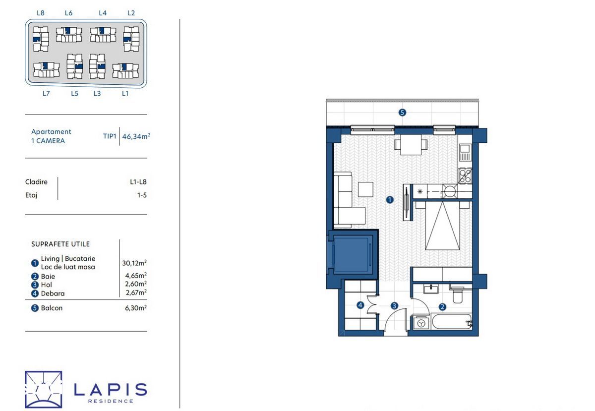 Apartament 1 camera, dormitor separat,bloc nou, zona Galata, complex