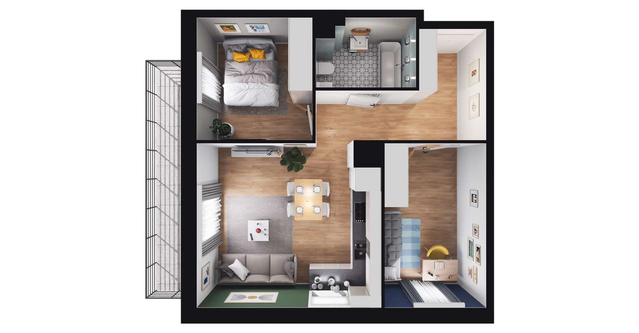 3-pokojowy apartament inwestycyjny 49m2 + balkon - Pełny obrazek: 2/8