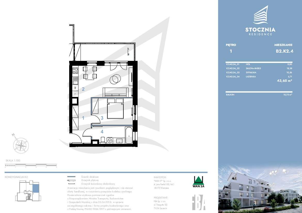 Mieszkanie 43,65 m2 + balkon | Stocznia Residence