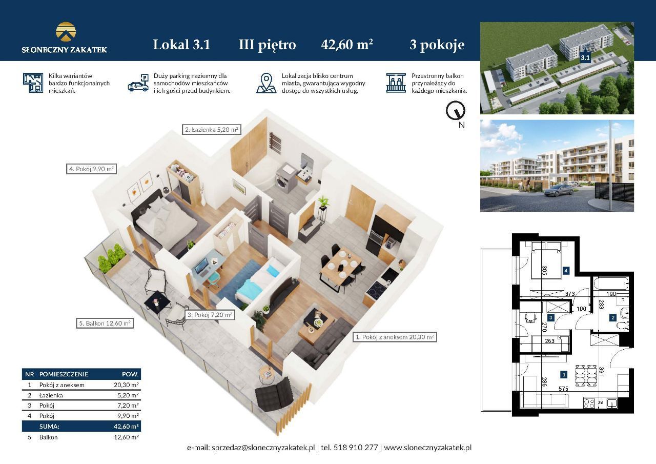 Blok 2 | 3 pokoje | 43 m² | Balkon 13 m²| Windy
