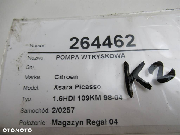 POMPA WTRYSKOWA CITROEN XSARA PICASSO (N68) 1999 - 2012 1.6 HDi 80 kW [109 KM] olej napędowy 2004 - - 8