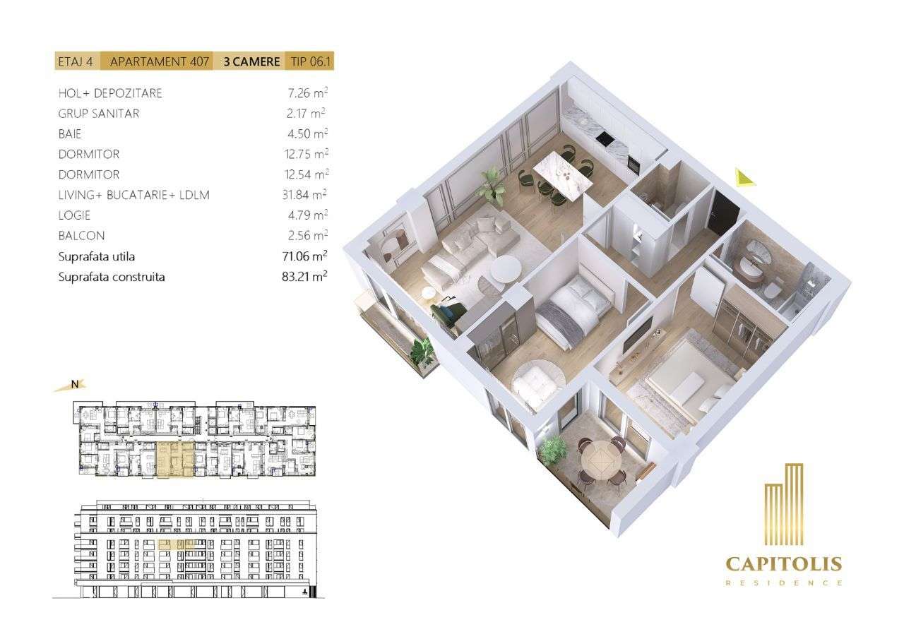 Apartament cu 3 camere, 2 balcoane, Capitolis Residence - Imagine principală: 1/6