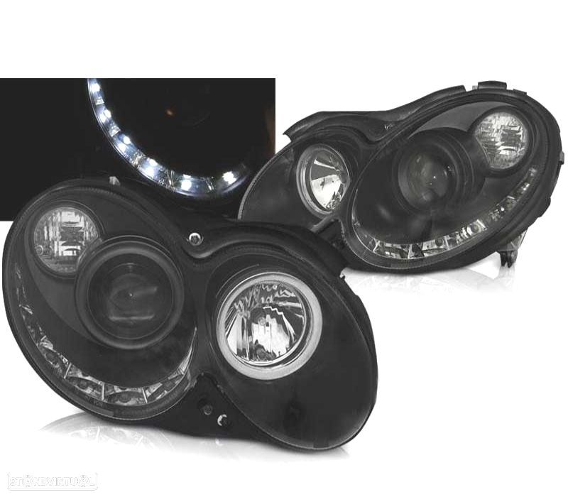 FARÓIS COM LUZ DIURNA LED TFL PARA MERCEDES CLK W209 02-09 FUNDO PRETO - 1