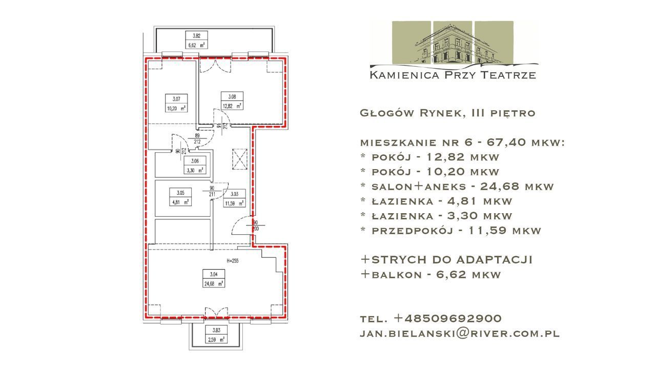 Mieszkanie 67,40 mkw | III piętro | Rynek Głogów