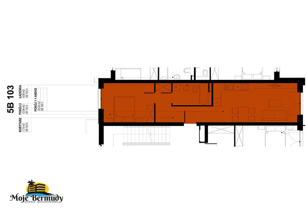 Mieszkanie o pow. 45,32 m2 z balkonem; 5B 103 - Pełny obrazek: 2/9