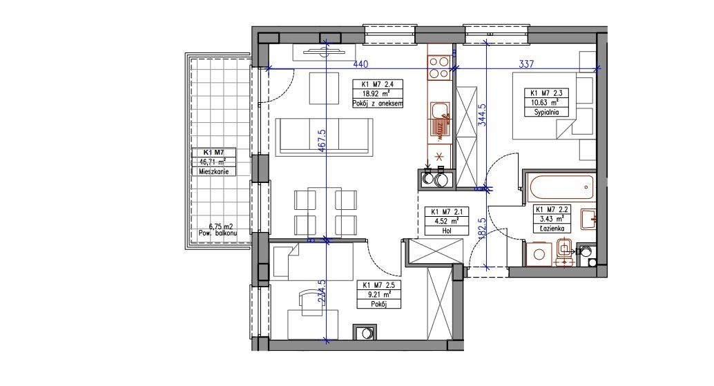 Rynek pierwotny, mieszkanie 3-pokojowe- 46,71m2