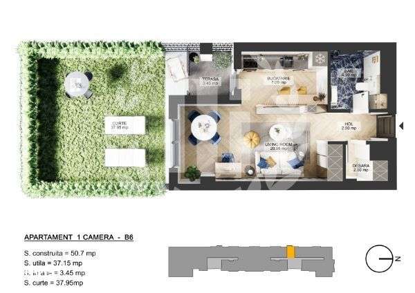 Apartament 1 camera zona de Nord - 43.09 mp utili si curte-0