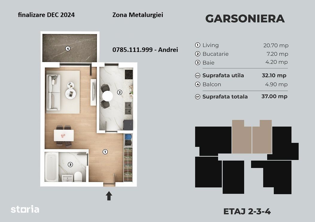 Nou ! Metalurgiei Carrefour - garsoniera 36.6mp - bloc nou 2024