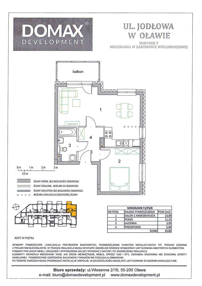 Mieszkanie dwupokojowe 43,85mkw z balkonem, F1/P3/8 - Pełny obrazek: 3/8