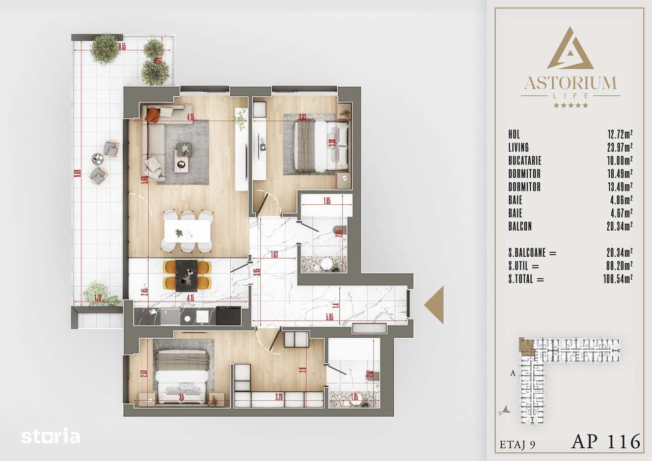 Apartament 3 camere  decomandat  Astorium life Bloc A-6