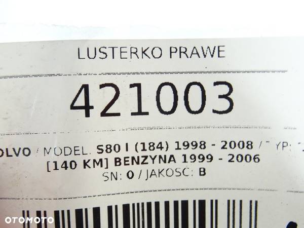 LUSTERKO PRAWE VOLVO S80 I (184) 1998 - 2008 2.4 103 kW [140 KM] benzyna 1999 - 2006 - 6