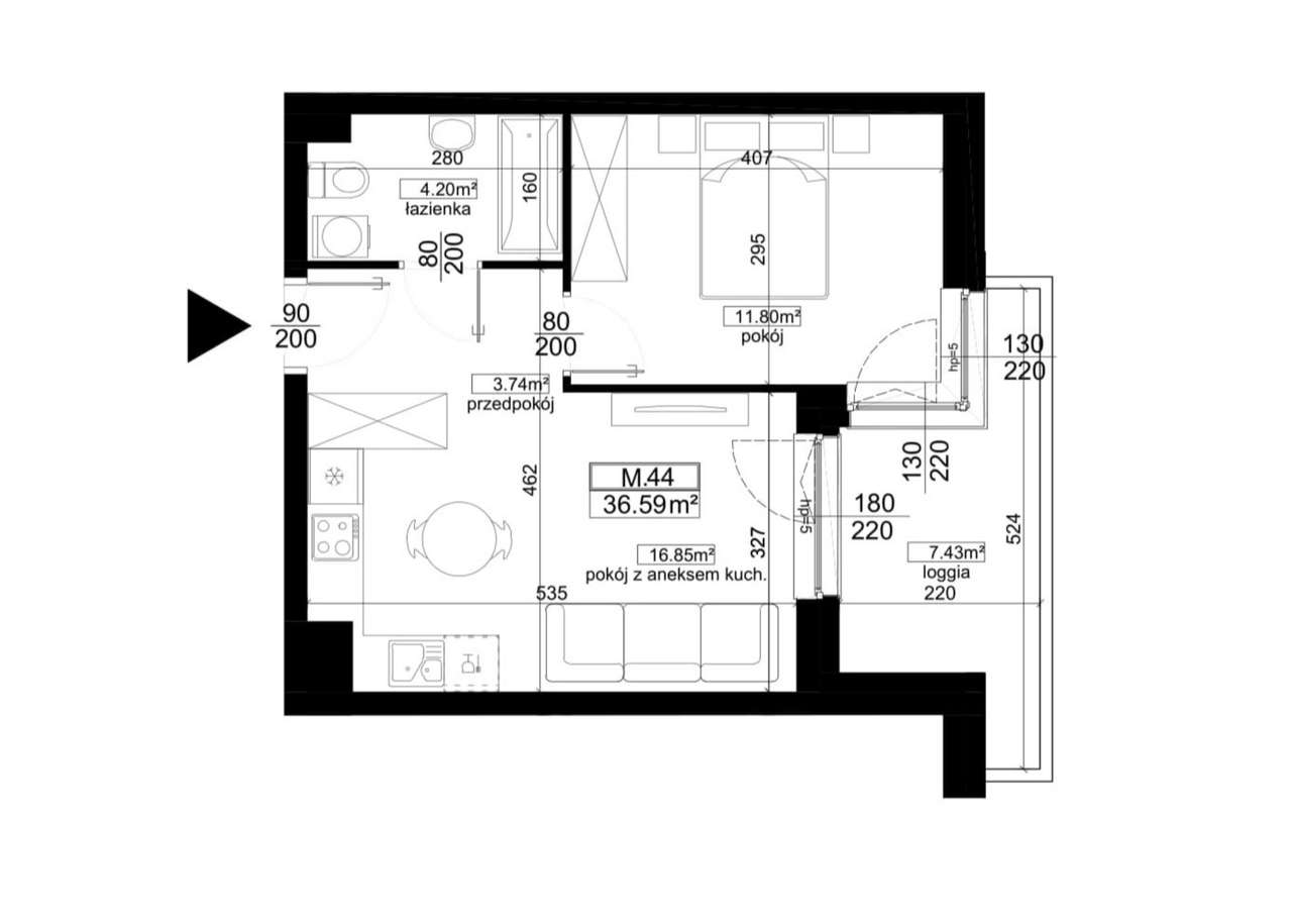 2-pokojowe mieszkanie 36m2 + loggia - Pełny obrazek: 2/5