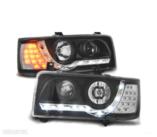 FARÓIS COM LUZ DIURNA PISCAS LED PARA VOLKSWAGEN VW T4 90-03 FUNDO PRETO - 1