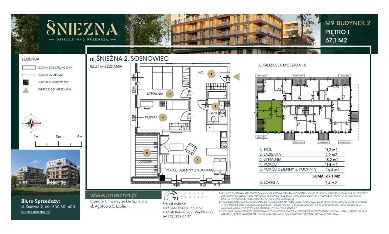 Śnieżna - Mieszkanie 3 pok. Loggia 7,4m2 płd-wsch - Pełny obrazek: 2/9