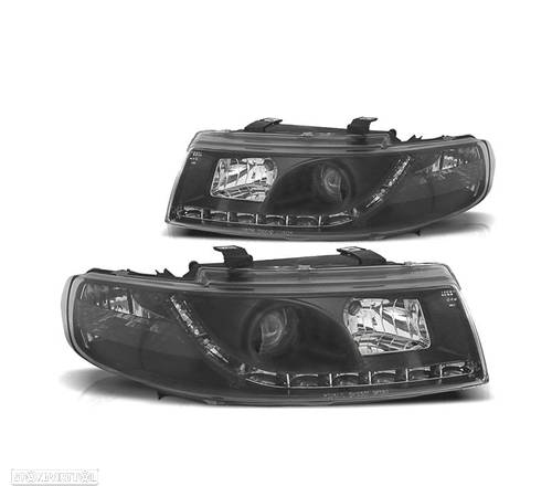 FARÓIS COM LUZ DIURNA PARA SEAT LEON TOLEDO 99-04 FUNDO PRETO - 1