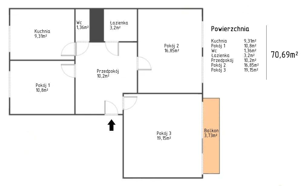 Mieszkanie 3-pokojowe o powierzchni 70,69m2