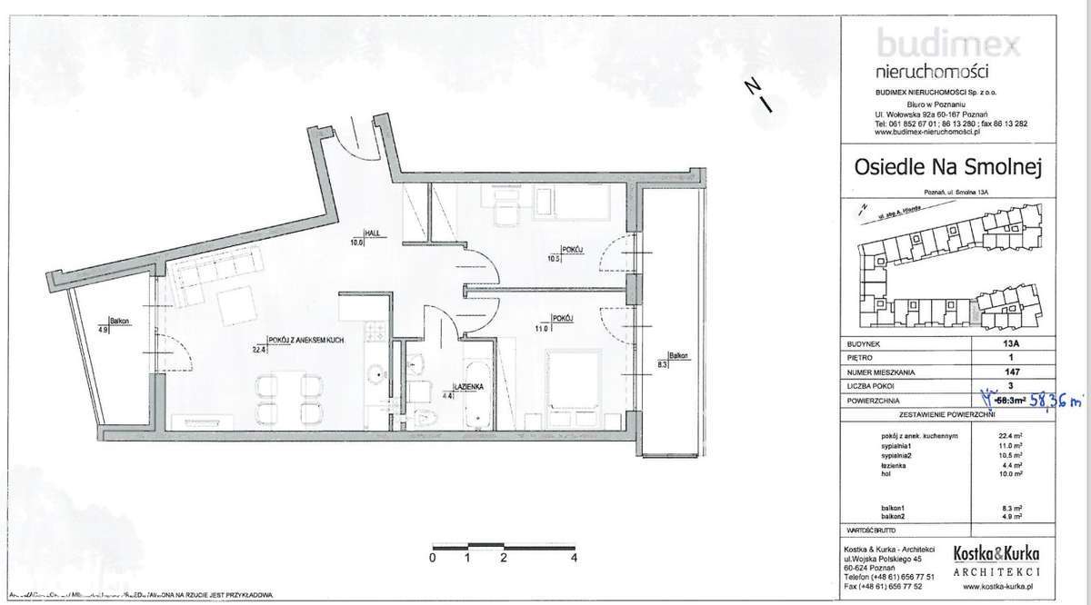 Sprzedam słoneczne mieszkanie 58m2, 3 pokoje, osiedle przy ul. Smolnej