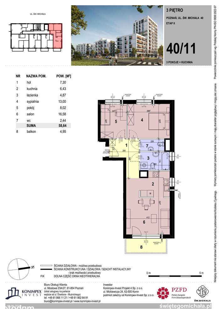 3-pokojowe mieszkanie 58m2 + balkon - Pełny obrazek: 2/9