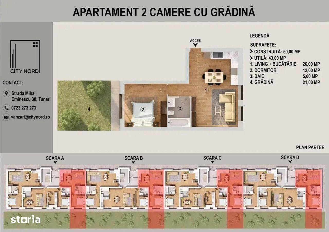 Apartament 2 Camere + gradina I  CITY NORD Tunari