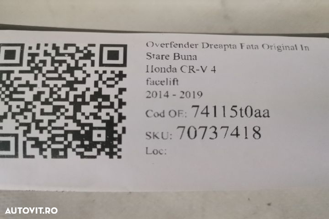 Overfender Dreapta Fata Original In Stare Buna Honda CR-V 4 (facelift - 7