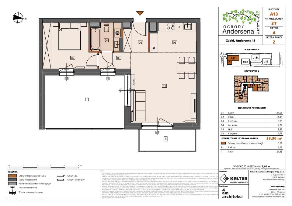 Mieszkanie A13-37 , 53,36 m2 z tarasem 21,93 m2 i balkonem 6,19 m2 (lokal A13-37)