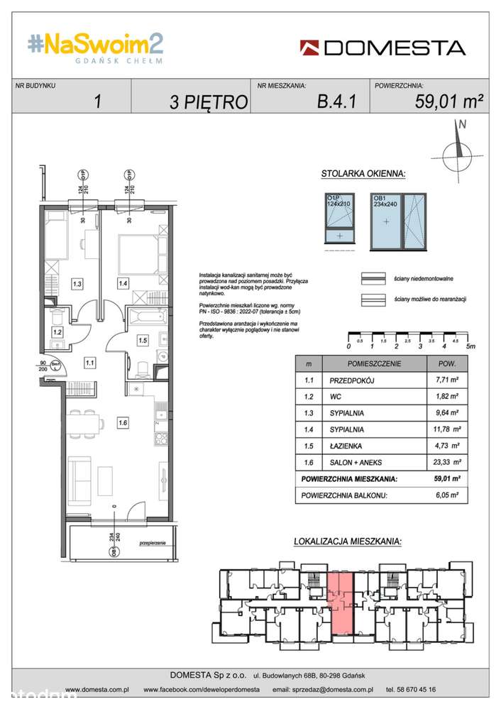 3-pokojowe mieszkanie 59m2 + balkon - Pełny obrazek: 2/7