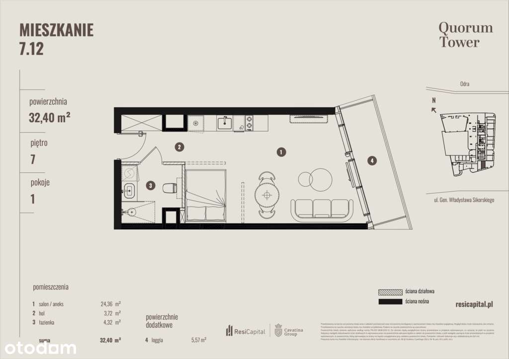 Kawalerka z wydzieloną sypialnią | ul. Sikorskiego-10