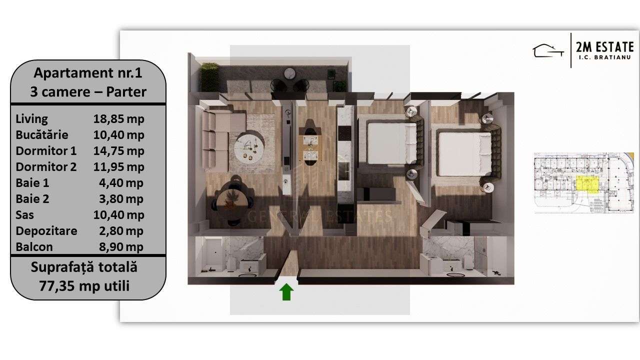 Apartament 3 camere, 75 mp utili + balcon, orientare Estica - Imagine principală: 1/20
