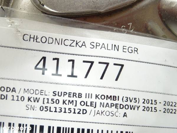 CHŁODNICZKA SPALIN EGR SKODA SUPERB III Kombi (3V5) 2015 - 2022 2.0 TDI 110 kW [150 KM] olej - 3