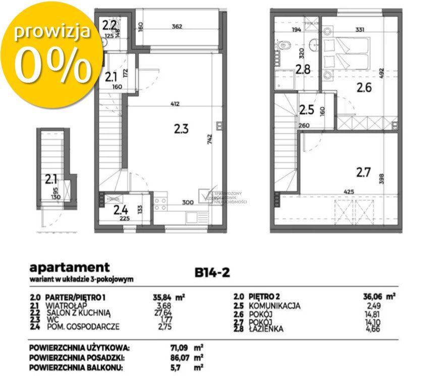 Apartament dwupoziomowy 71,09 m2, 3 pokoje.