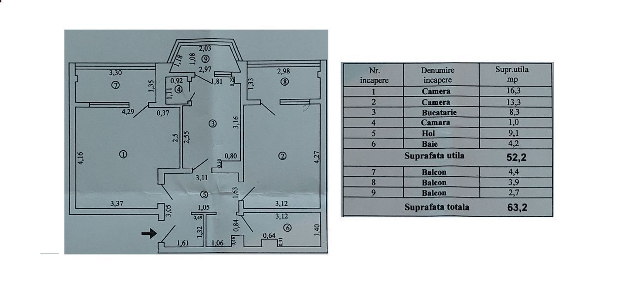 Apartament 2 camere cu suprafata de 63 mp