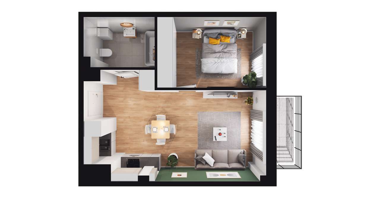 1-pokojowy apartament inwestycyjny 41m2 + balkon - Pełny obrazek: 2/8