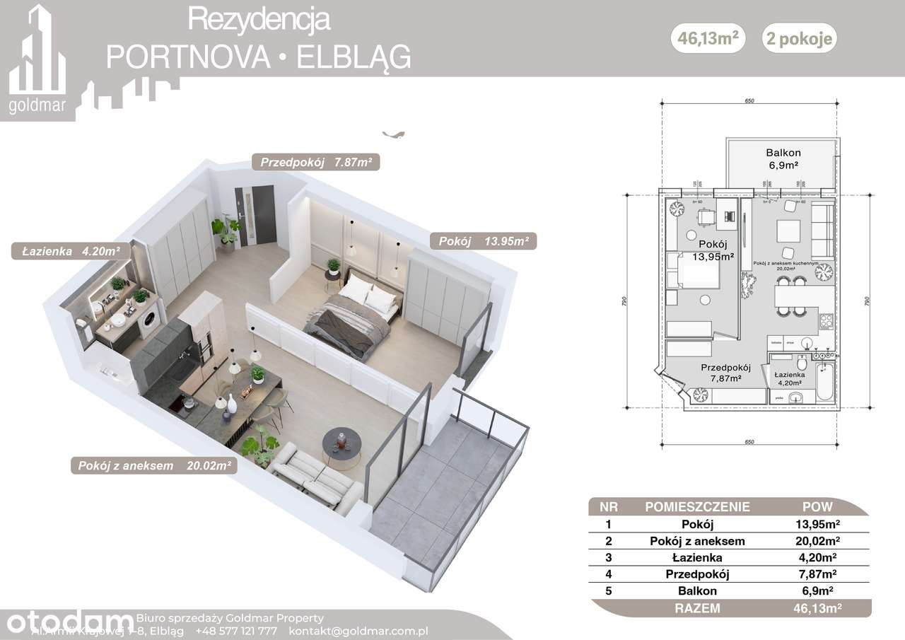 2-pokojowe mieszkanie 46m2 + balkon - Pełny obrazek: 3/8