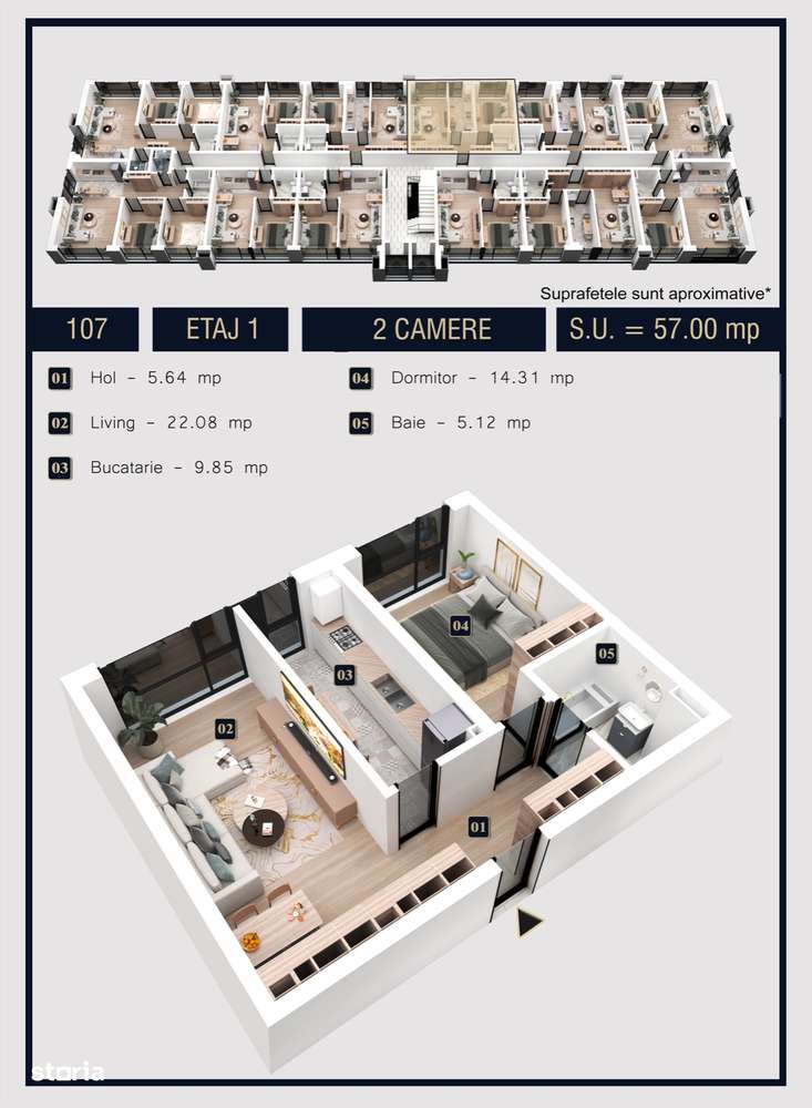 Apartament 2 camere, decomandat, finisaje DeltaStudio - Imagine principală: 5/14