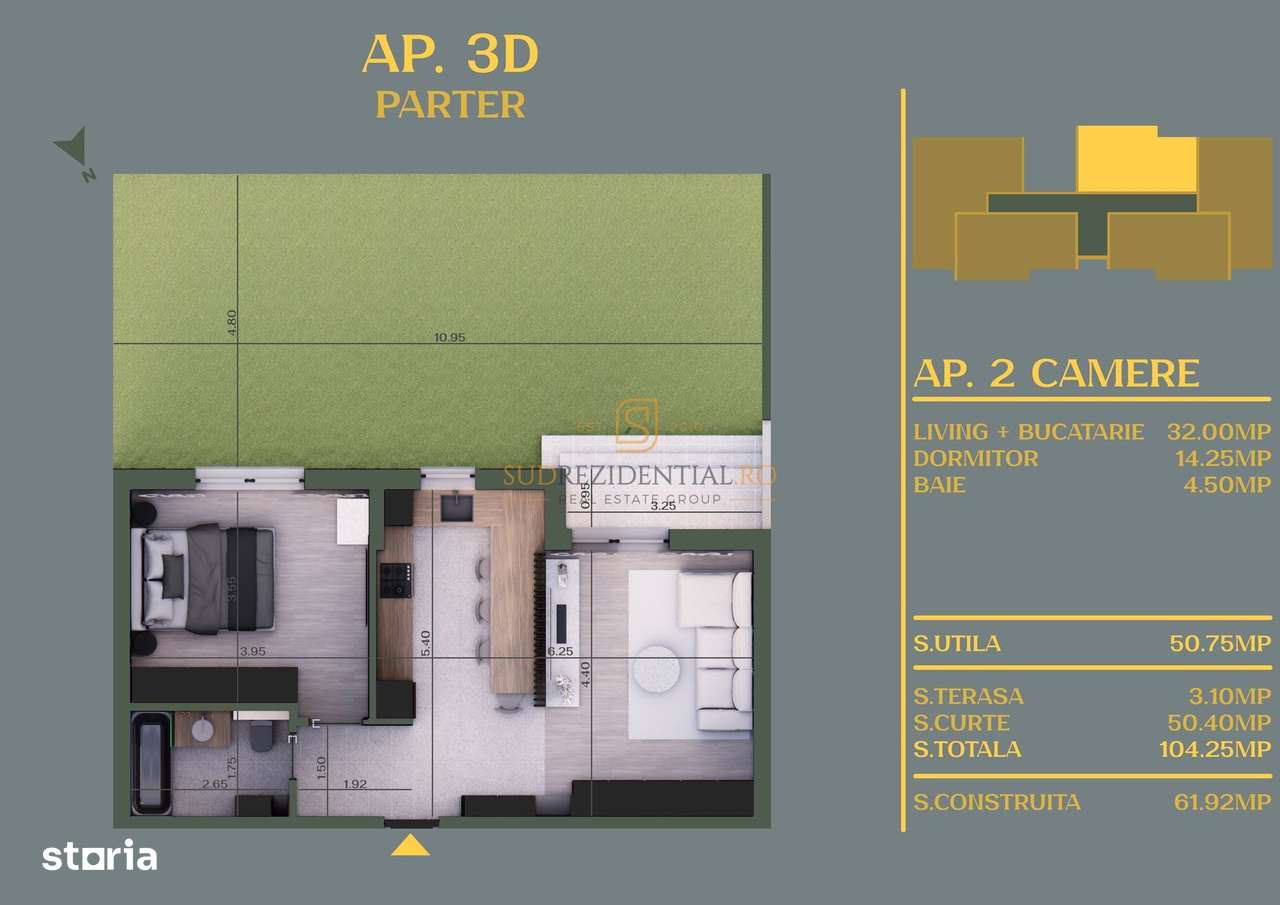 Apartament cu curte proprie 50 mp - 2 camere, bloc nou, Comuna Vidra - Imagine principală: 5/20